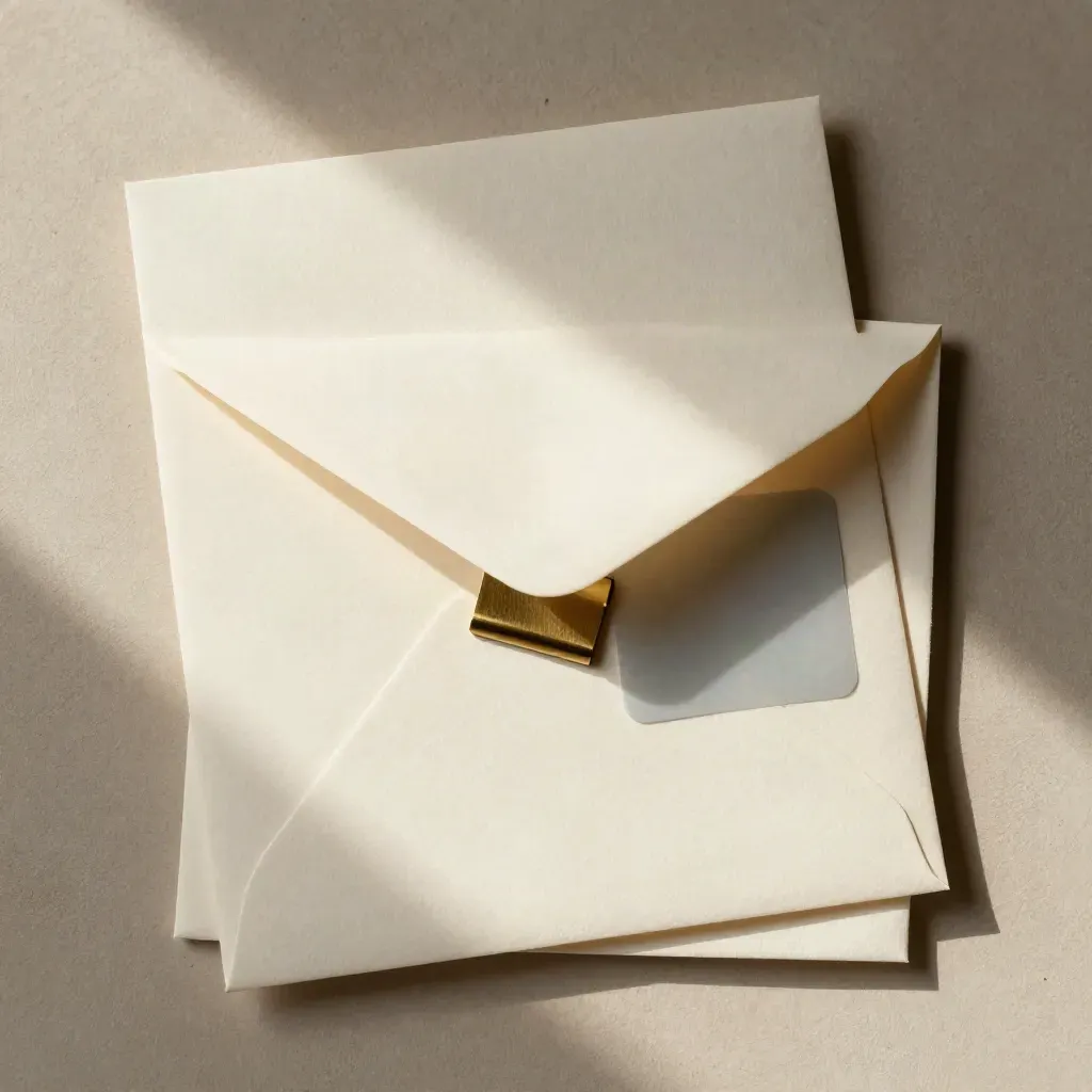 Cream complaint-letter stationery packet with sealed envelope, slate sticker and brass clip on pale plaster.
