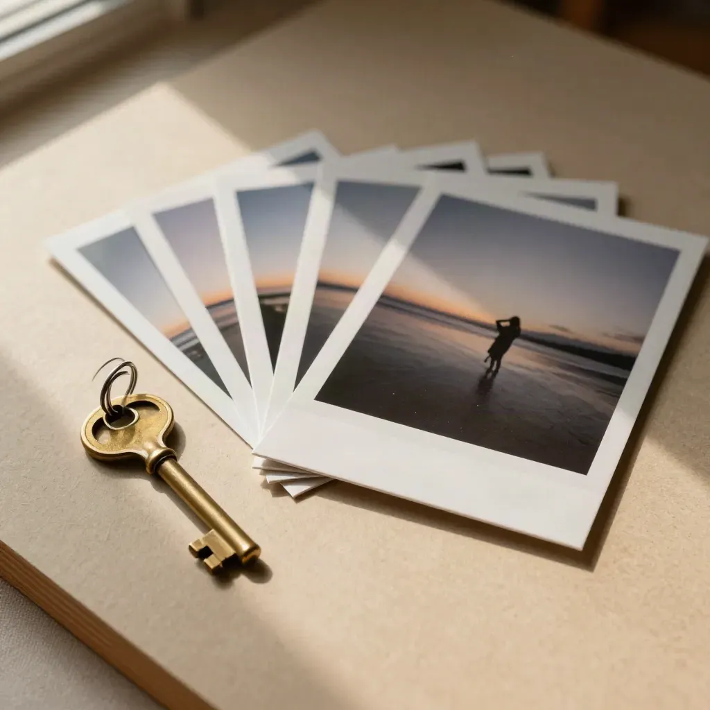 Fanned photo prints, brass key, and slate tabs on a sand-colored board in soft morning light