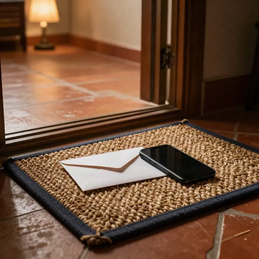 Floor-level threshold scene with a sealed envelope, phone, and navy-bordered doormat in warm lamplight.