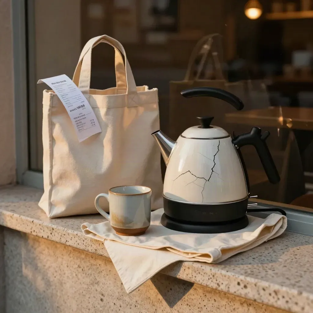 Cracked kettle and return bag on a travertine ledge at dusk beside a ceramic mug.