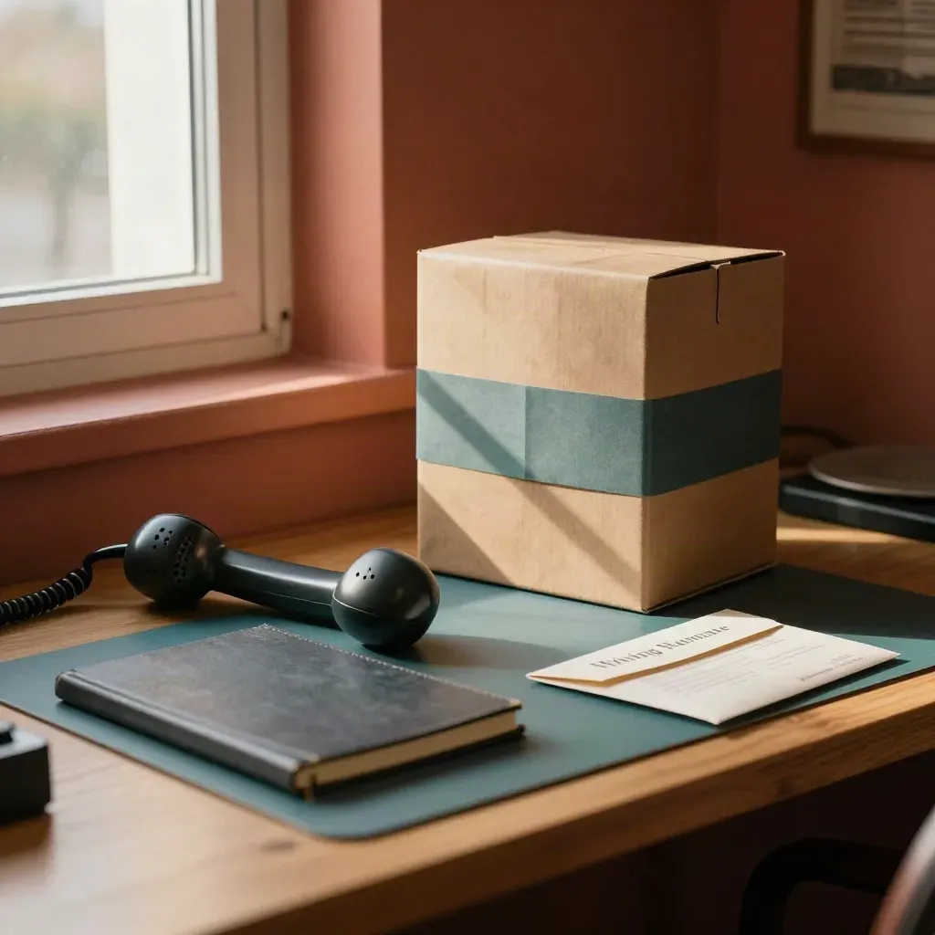 Consumer rights desk with kettle box, handset, notebook and warranty envelope in warm window light