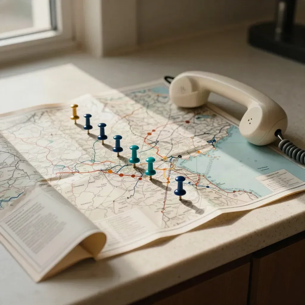 Pins, handset and folded route card on a travertine counter in hazy daylight.