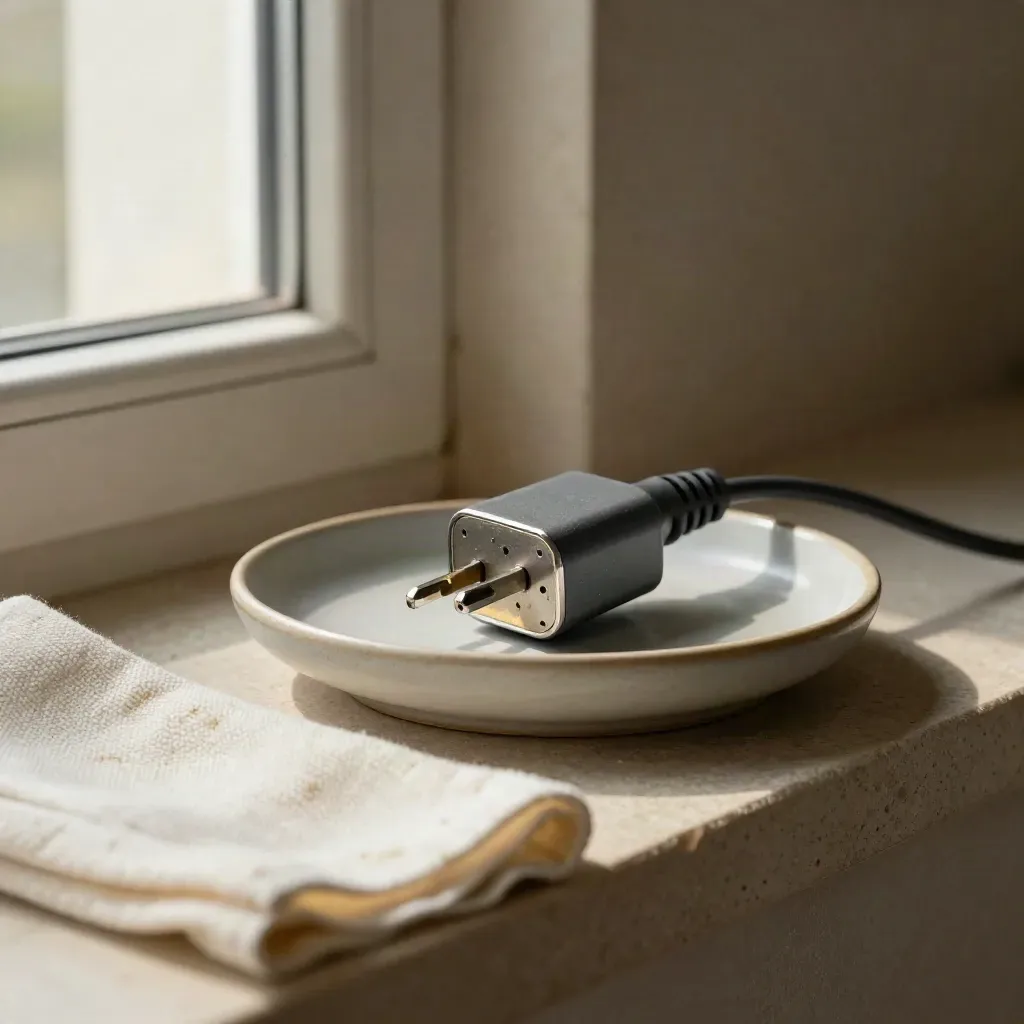 Scratched charger plug, ceramic dish, and cream cloth on a stone shelf in soft side light.