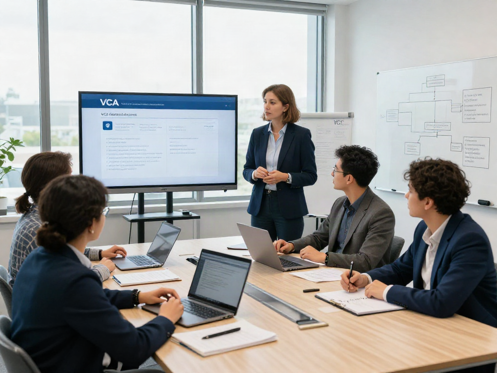 Professionele bespreking over VCA Kopen in moderne kantooromgeving met documenten en digitale schijven